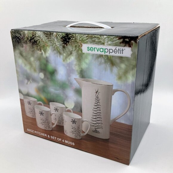 Servappetit Elegant Holiday Xmas Tree Snowflake Design 60oz Pitcher & 4 Mug Set - Picture 1 of 5